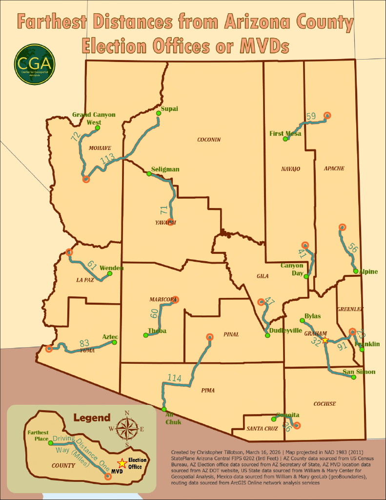 Map of Arizona showing distance needed to travel to register to vote.
